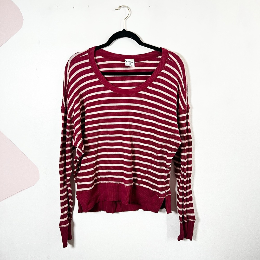 Offline by Aerie Red and White Striped Waffle Sweater Top Sz XS Oversized